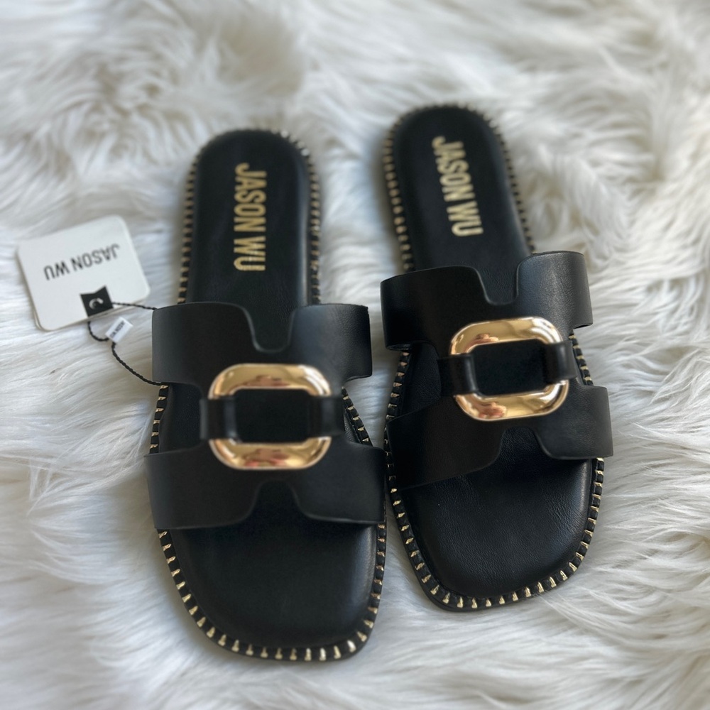 New! Jason Wu Black Leather Slide Sandals with Gold Buckle